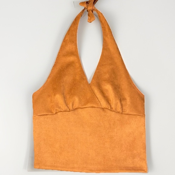 Brand new caramel brown faux suede halter top in size Large - Picture 2 of 5